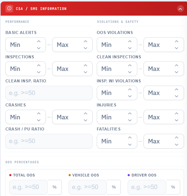 CSA / SMS Information filter panel