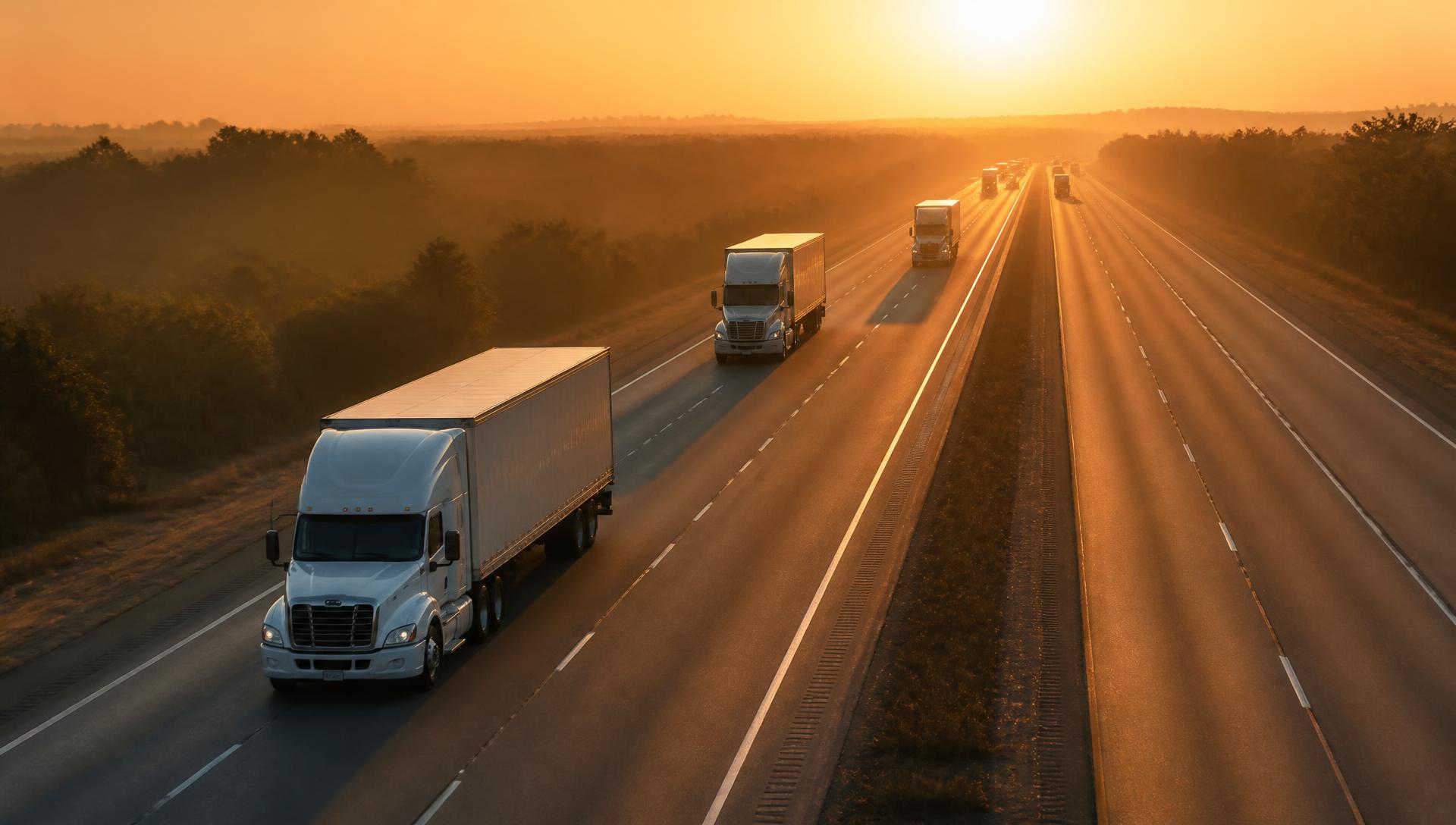 Commercial trucks traveling on a modern interstate highway at sunrise