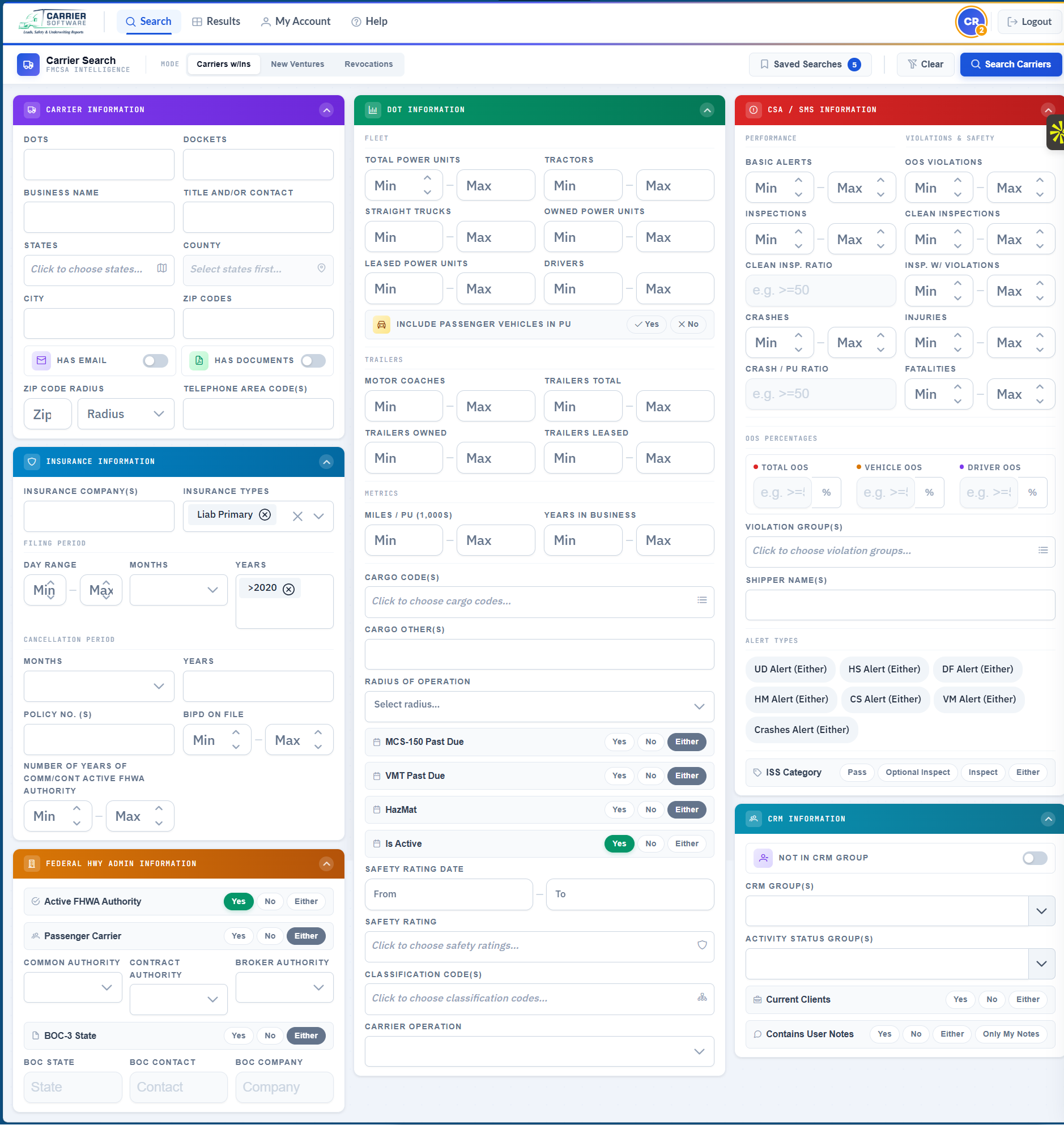 Carrier Software Carrier Search screen with carrier, insurance, DOT, FHWA, CSA/SMS and CRM filter panels