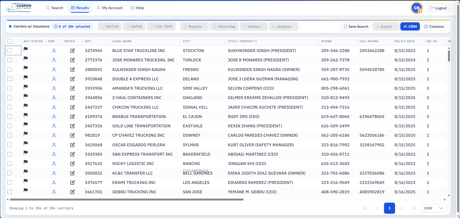 Carrier Search results list with DOT number, legal name, city, contact and phone columns