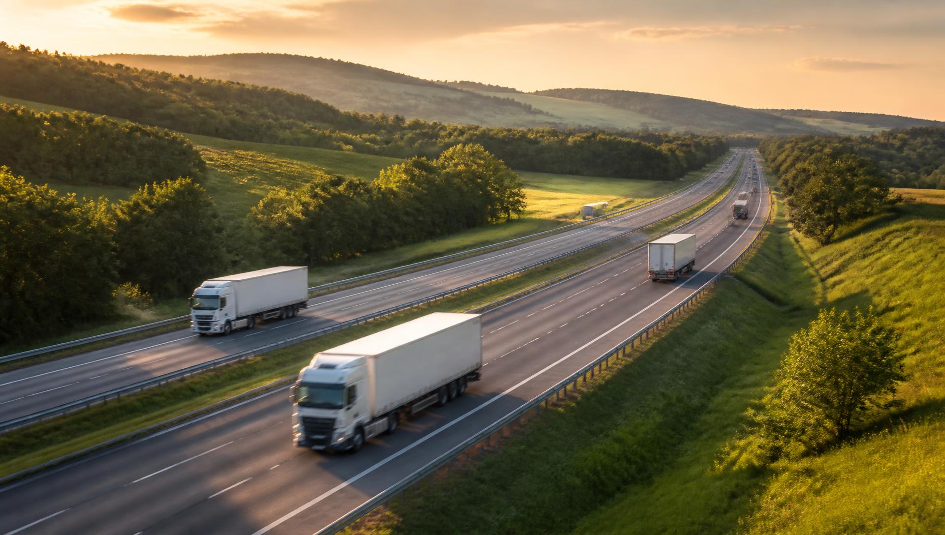 Commercial trucks on an interstate highway at golden hour