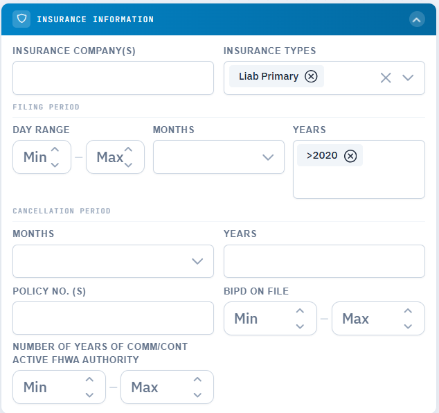 Insurance Information filter panel