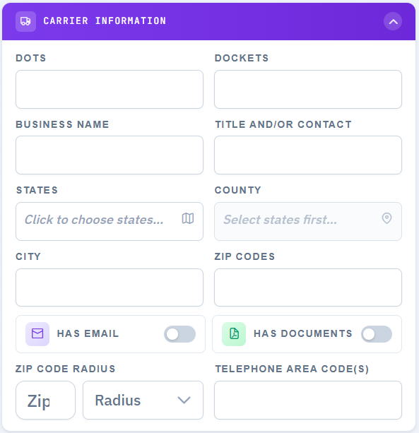 Carrier Information filter panel