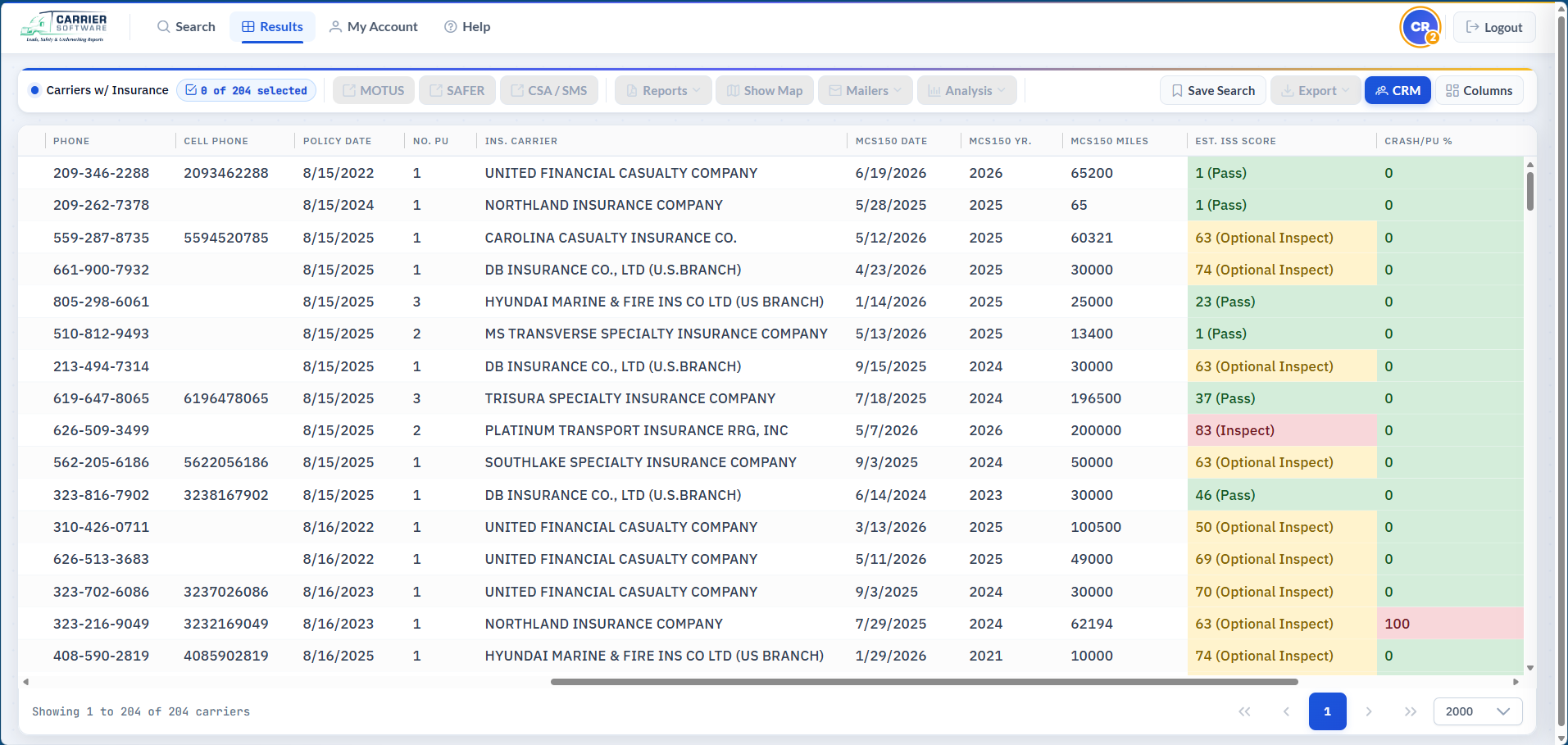 Carrier Search results showing insurance carrier, policy date, MCS-150 data, estimated ISS score and crash per power unit