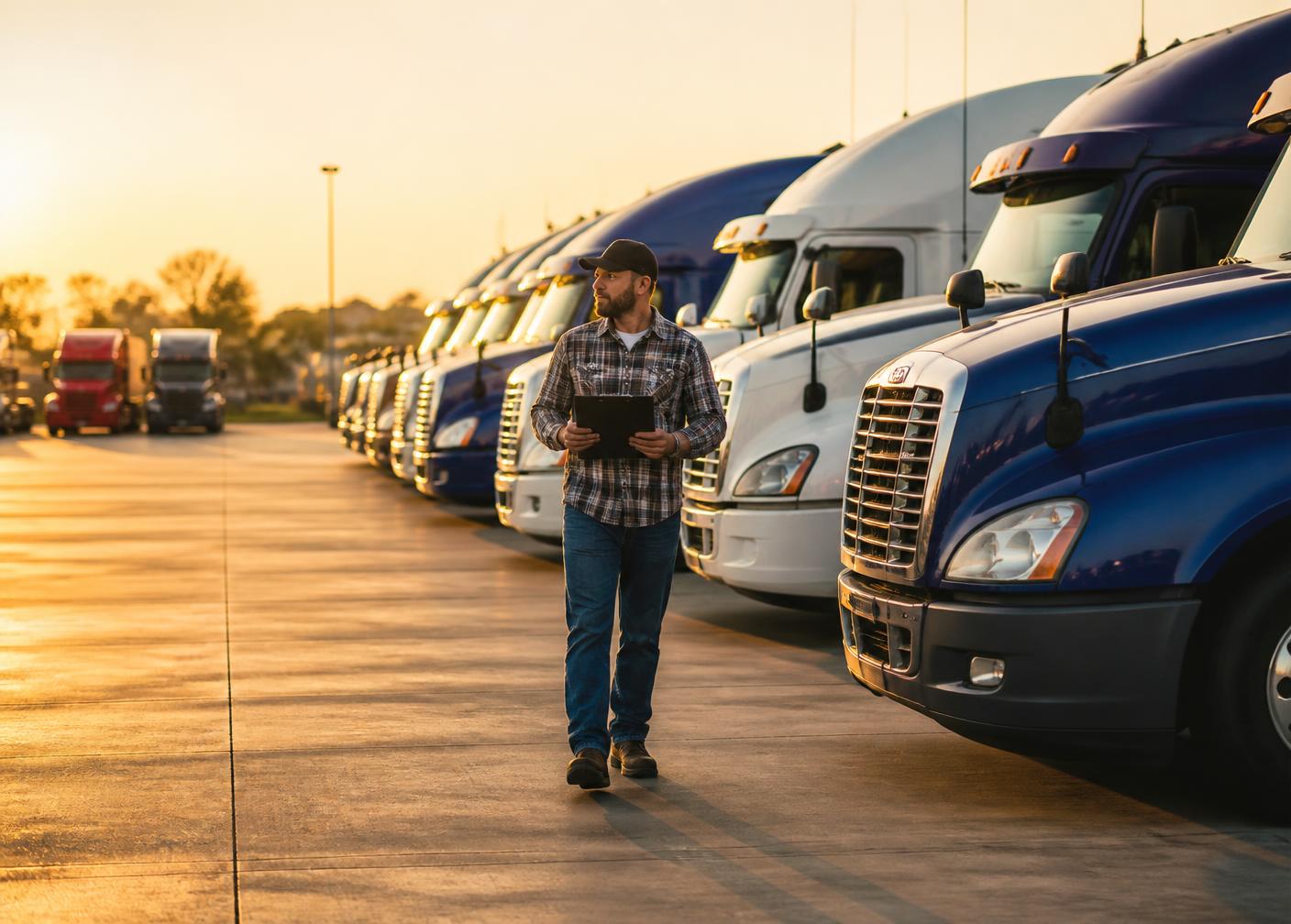 A safety manager walking a commercial trucking fleet yard at sunrise
